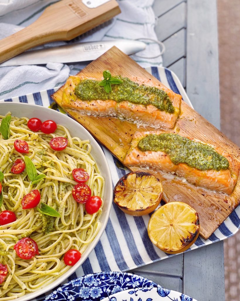 Pesto Grilled Cedar Plank Salmon and Linguine. DomestikatedLife