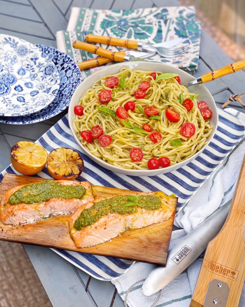 Pesto Grilled Cedar Plank Salmon and Linguine. DomestikatedLife